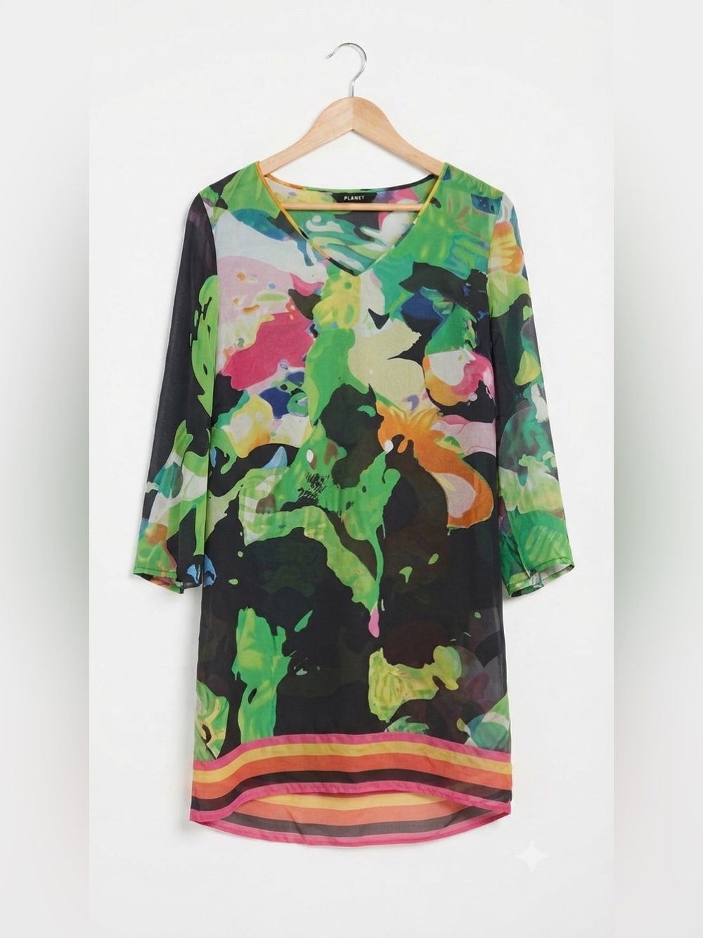 Planet 100% Silk Abstract Floral Green Multi V-Neck Dress Tunic Size UK 8 / CAN